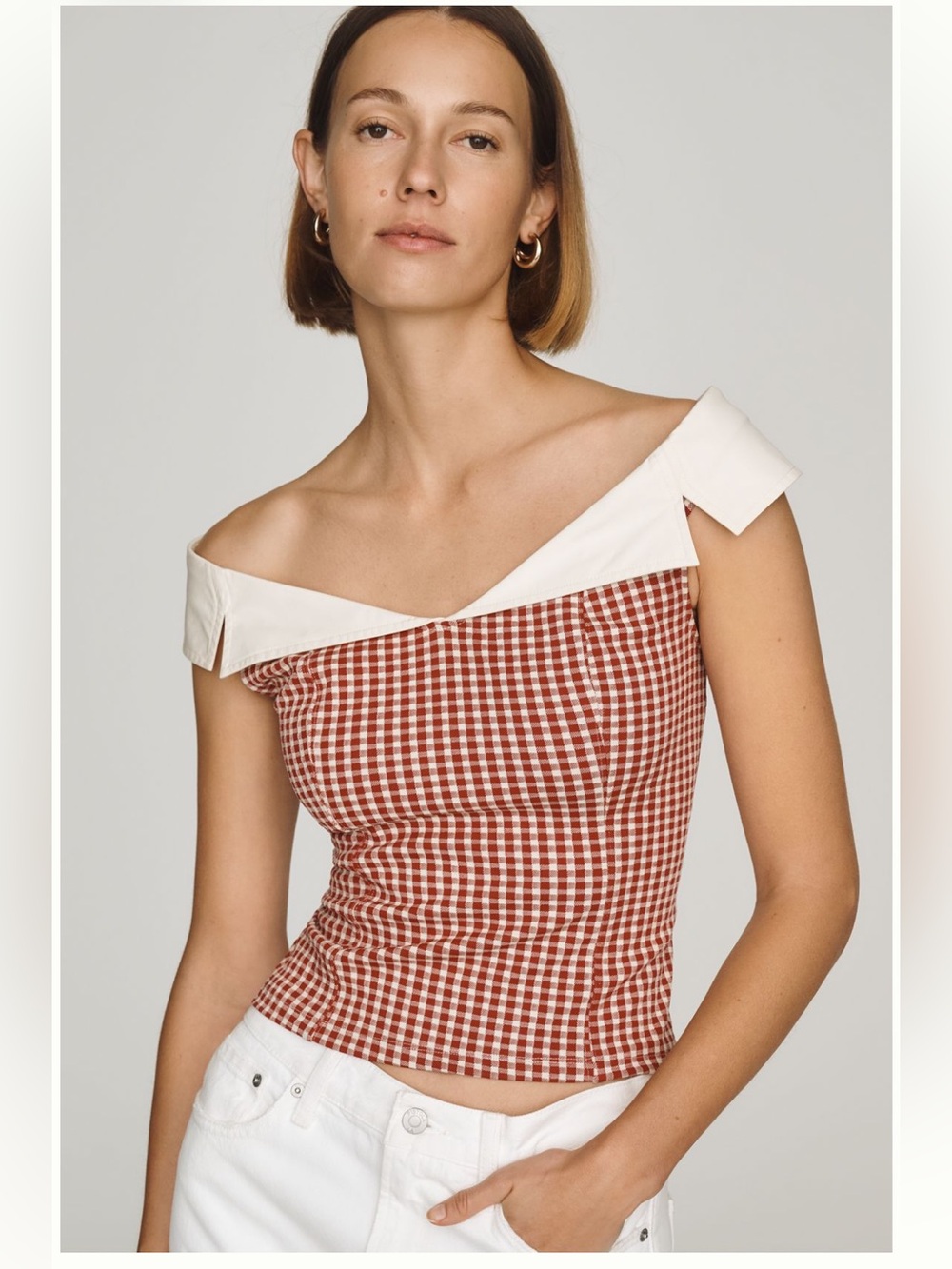 Anthropologie Red Gingham Off-Shoulder Top with White Contrast Collar